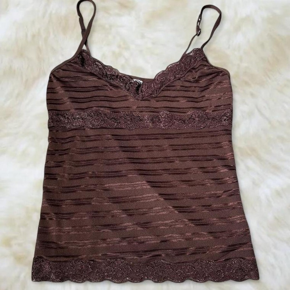 Rampage Y2K Brown Striped Lace Trim Cami Top Size Small Vintage Lingerie Style